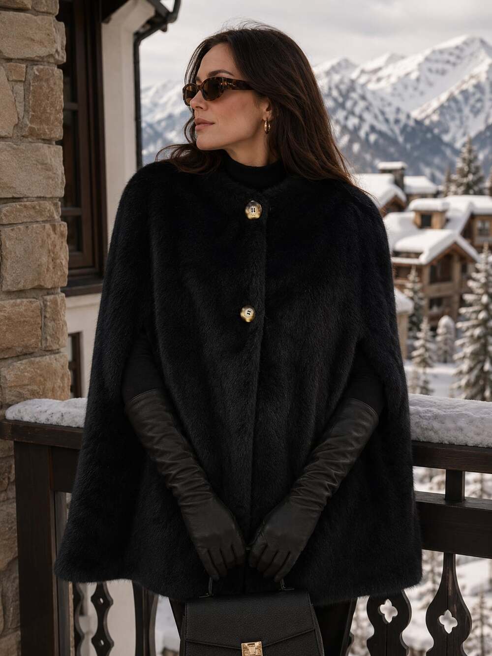 Pretty Rugged Black Faux Fur Cape Poncho Gold Button Quiet Luxury Aspen